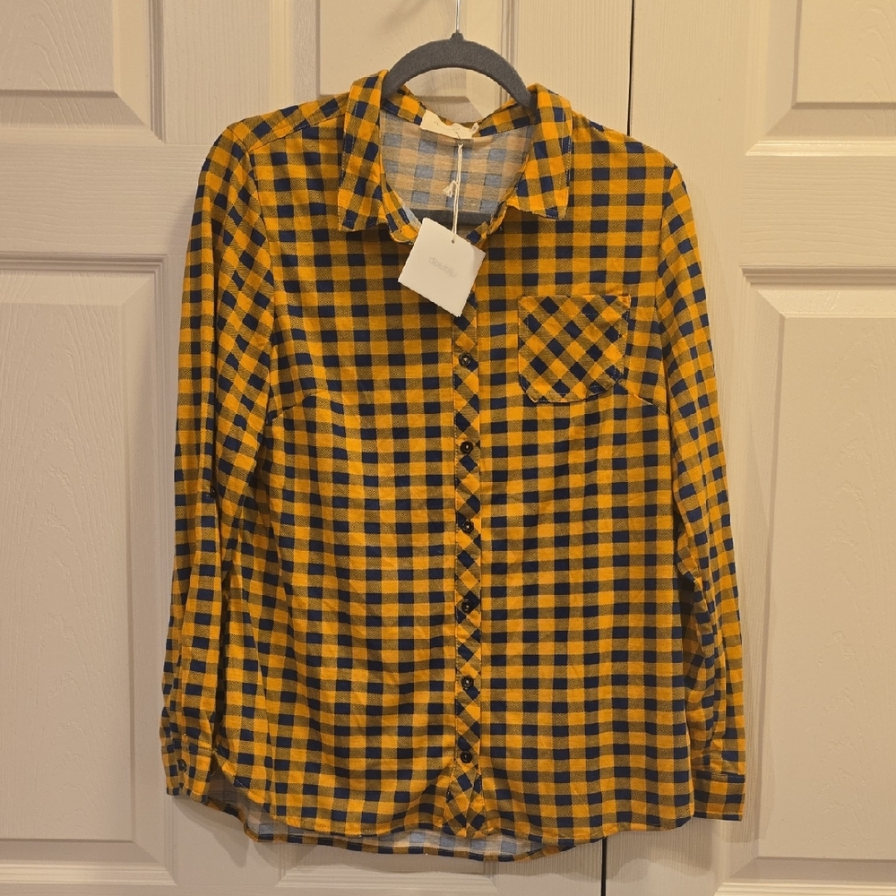 Mustard Yellow and Navy Blue Checkered Button-Up Shirt